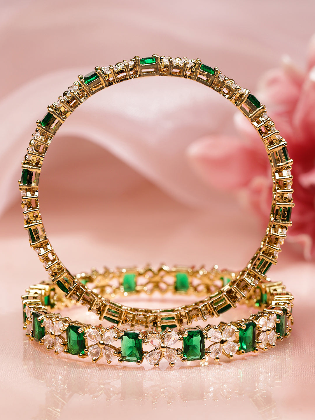 Rubans Set of 2 18K Gold-Plated Emerald Green & White Zirconia Floral Studded Bangles 2.4 - Small