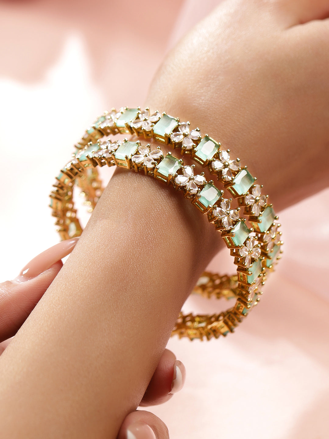 Rubans Set of 2 18K Gold-Plated Pastel Green & White Zirconia Studded Floral Bangles 2.6 - Medium