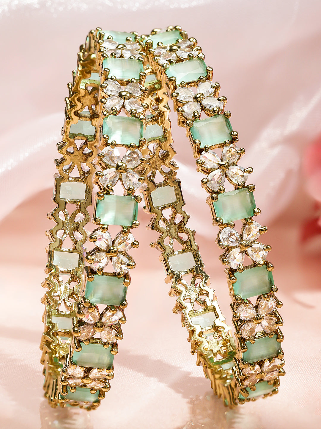 Rubans Set of 2 18K Gold-Plated Pastel Green & White Zirconia Studded Floral Bangles 2.8 - Large