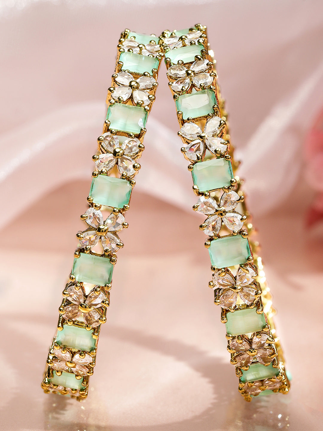 Rubans Set of 2 18K Gold-Plated Pastel Green & White Zirconia Studded Floral Bangles 2.4 - Small