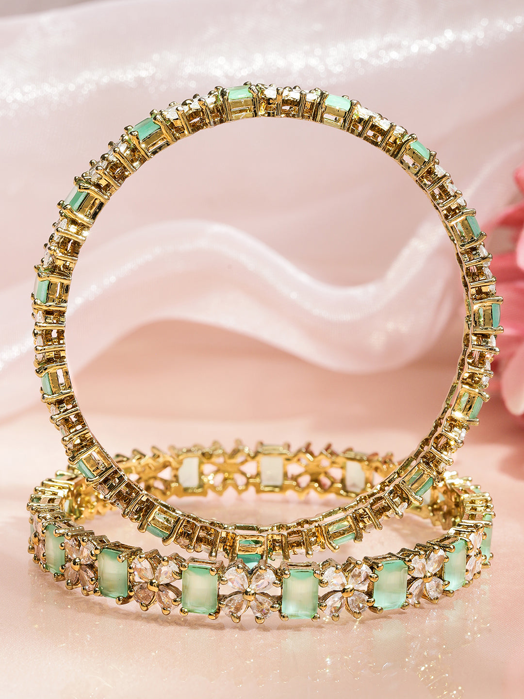 Rubans Set of 2 18K Gold-Plated Pastel Green & White Zirconia Studded Floral Bangles 2.6 - Medium