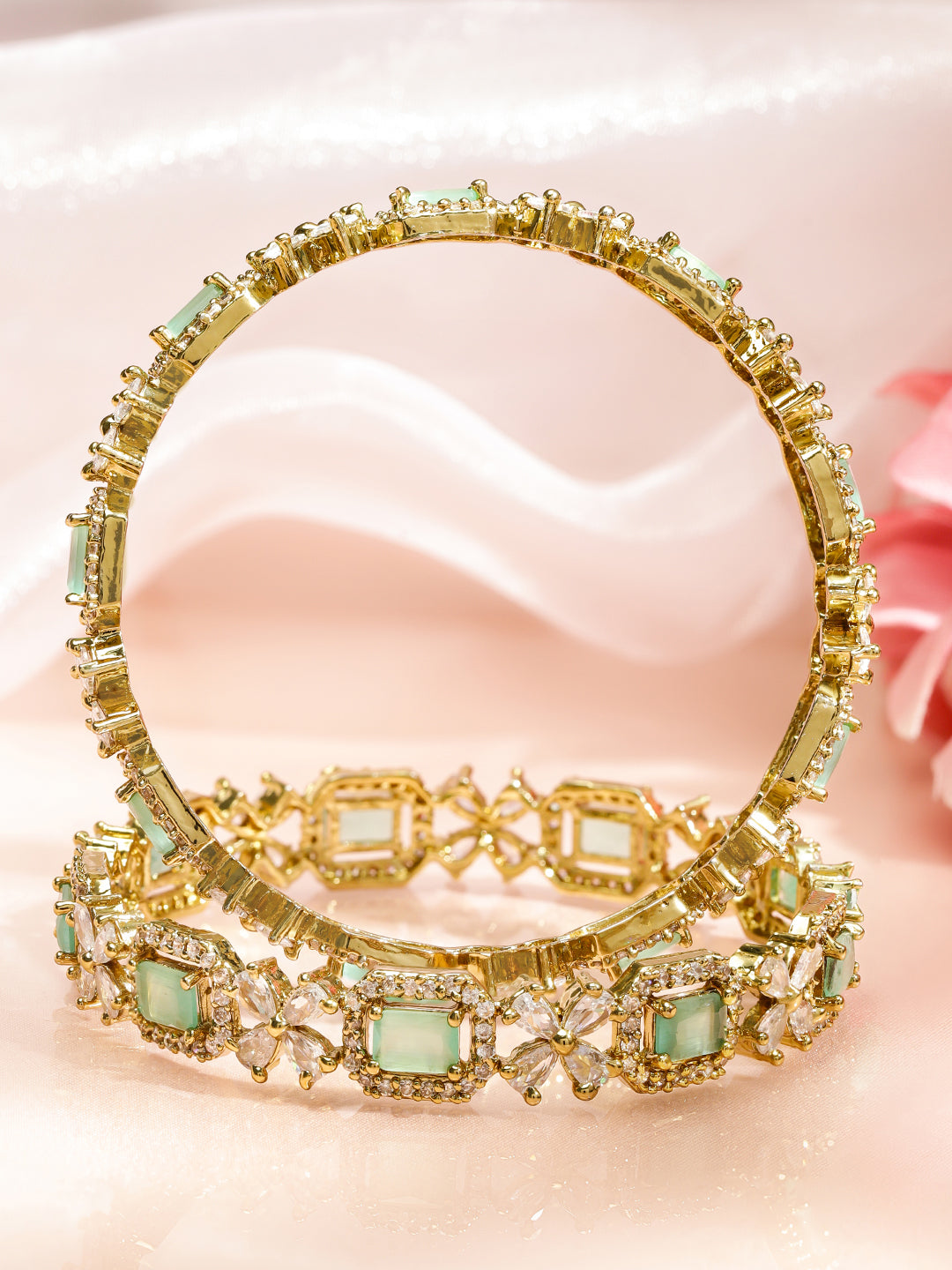 Rubans Set of 2 18K Gold-Plated Mint Green & White Cubic Zirconia Studded Floral Bangles 2.4 - Small