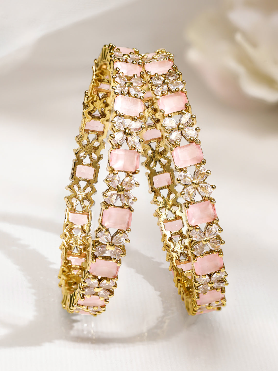 Rubans Set of 2 18K Gold-Plated Pastel Pink & White Cubic Zirconia Studded Floral Bangles 2.4 - Small