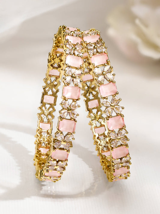 Rubans Set of 2 18K Gold-Plated Pastel Pink & White Cubic Zirconia Studded Floral Bangles 2.6 - Medium