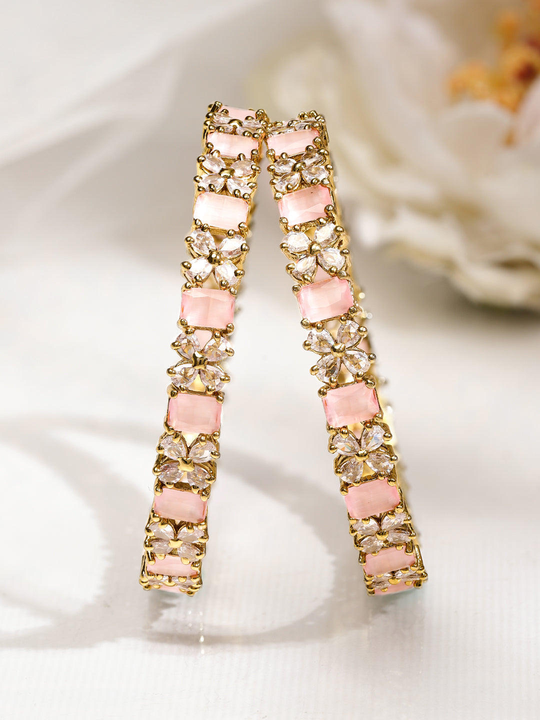 Rubans Set of 2 18K Gold-Plated Pastel Pink & White Cubic Zirconia Studded Floral Bangles 2.4 - Small