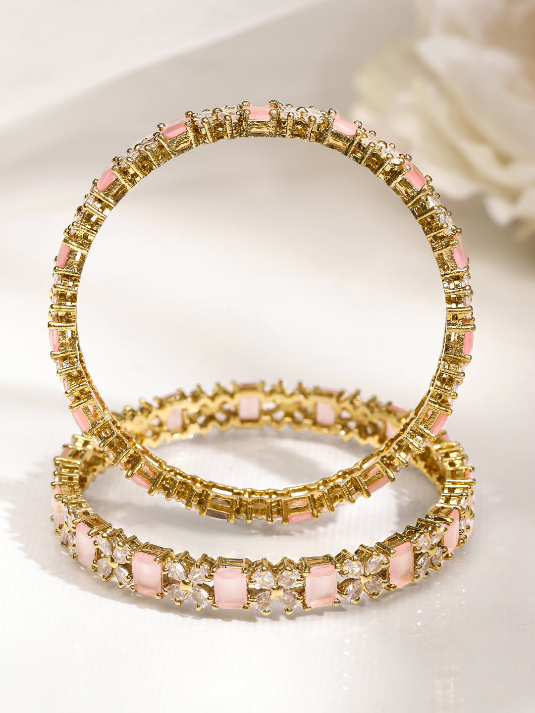 Rubans Set of 2 18K Gold-Plated Pastel Pink & White Cubic Zirconia Studded Floral Bangles 2.8 - Large
