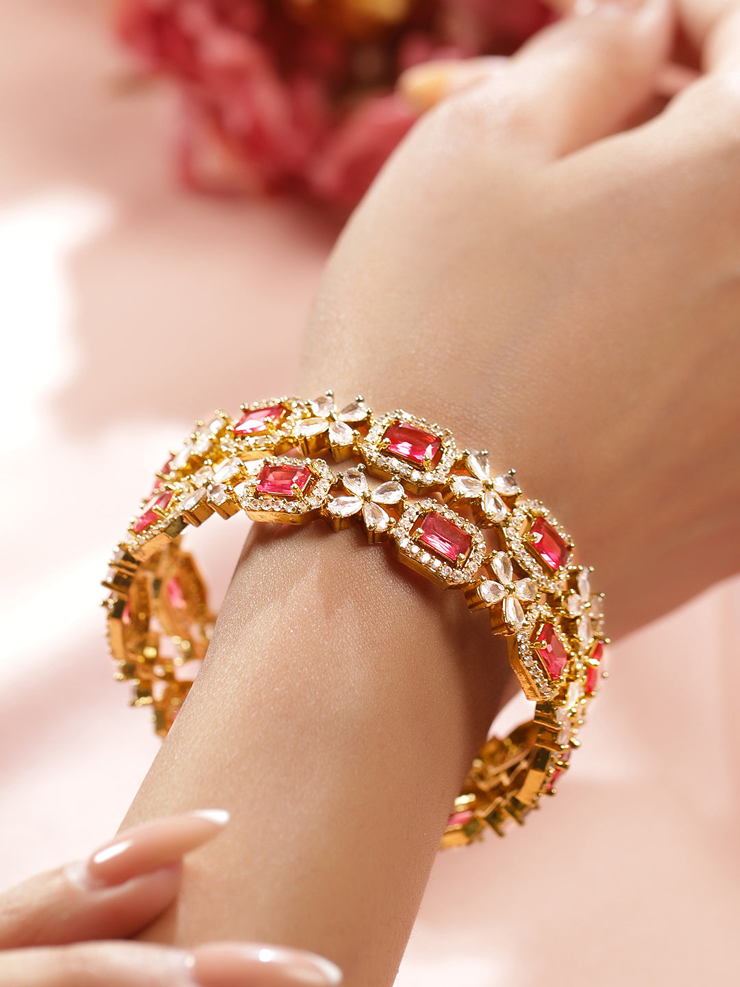 Rubans Set of 2 18K Gold-Plated Ruby Red & White Zirconia Studded Floral Design Bangles 2.4 - Small
