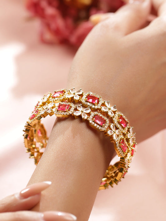 Rubans Set of 2 18K Gold-Plated Ruby Red & White Zirconia Studded Floral Design Bangles 2.8 - Large