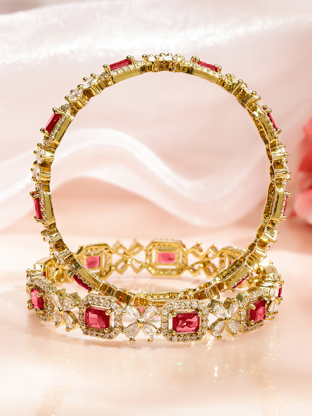 Rubans Set of 2 18K Gold-Plated Ruby Red & White Zirconia Studded Floral Design Bangles 2.4 - Small