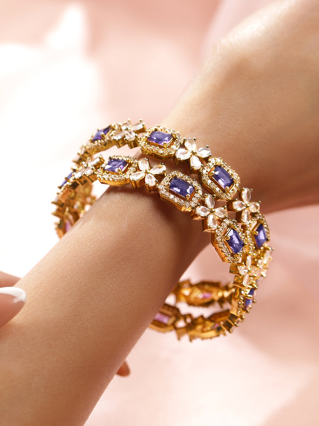 Rubans Set of 2 18K Gold-Plated Purple AD & White Zirconia Studded Floral Design Bangles 2.4 - Small