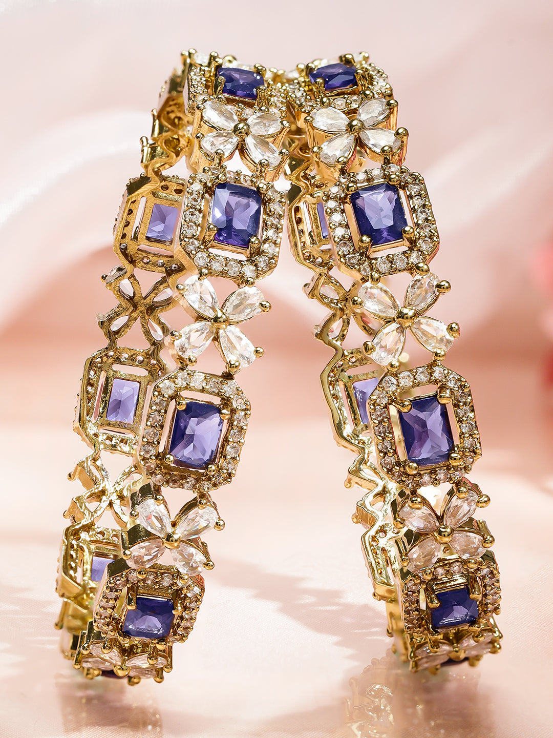 Rubans Set of 2 18K Gold-Plated Purple AD & White Zirconia Studded Floral Design Bangles 2.4 - Small