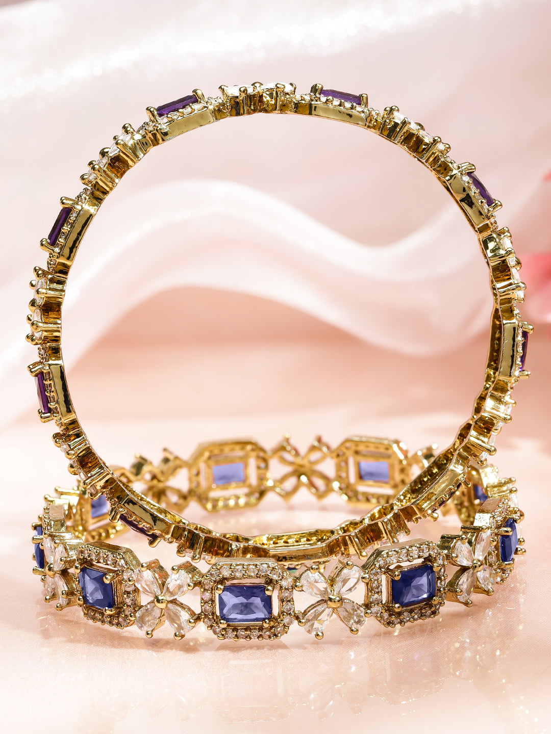Rubans Set of 2 18K Gold-Plated Purple AD & White Zirconia Studded Floral Design Bangles 2.6 - Medium