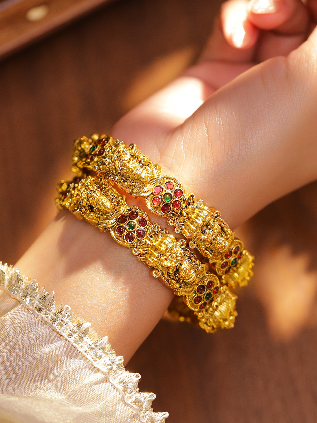 Rubans Set of 2 24K Gold-Plated Ruby Red & Green Stone Studded Temple Bangles with Lakshmi Motif 2.6 - Medium