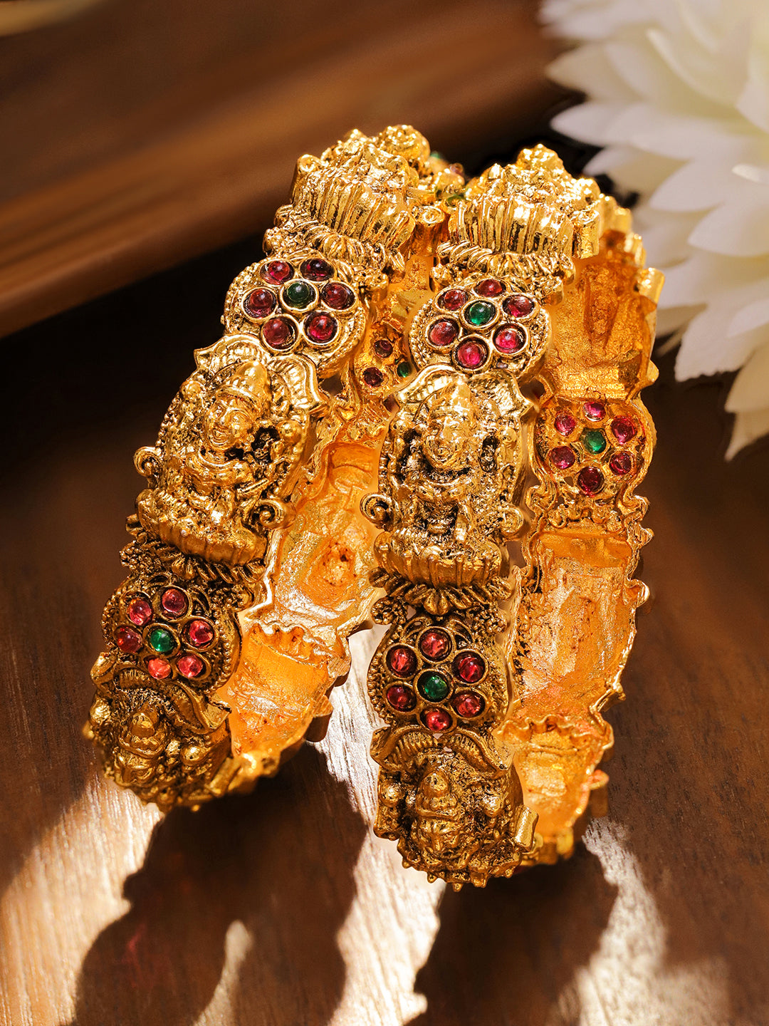 Rubans Set of 2 24K Gold-Plated Ruby Red & Green Stone Studded Temple Bangles with Lakshmi Motif 2.8 - Large