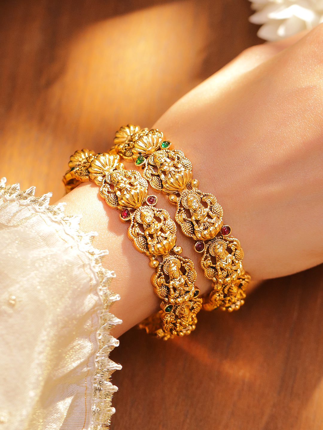Rubans Set of 2 24K Gold-Plated Divine Lakshmi Temple Bangles with Ruby & Emerald Stones 2.4 - Small