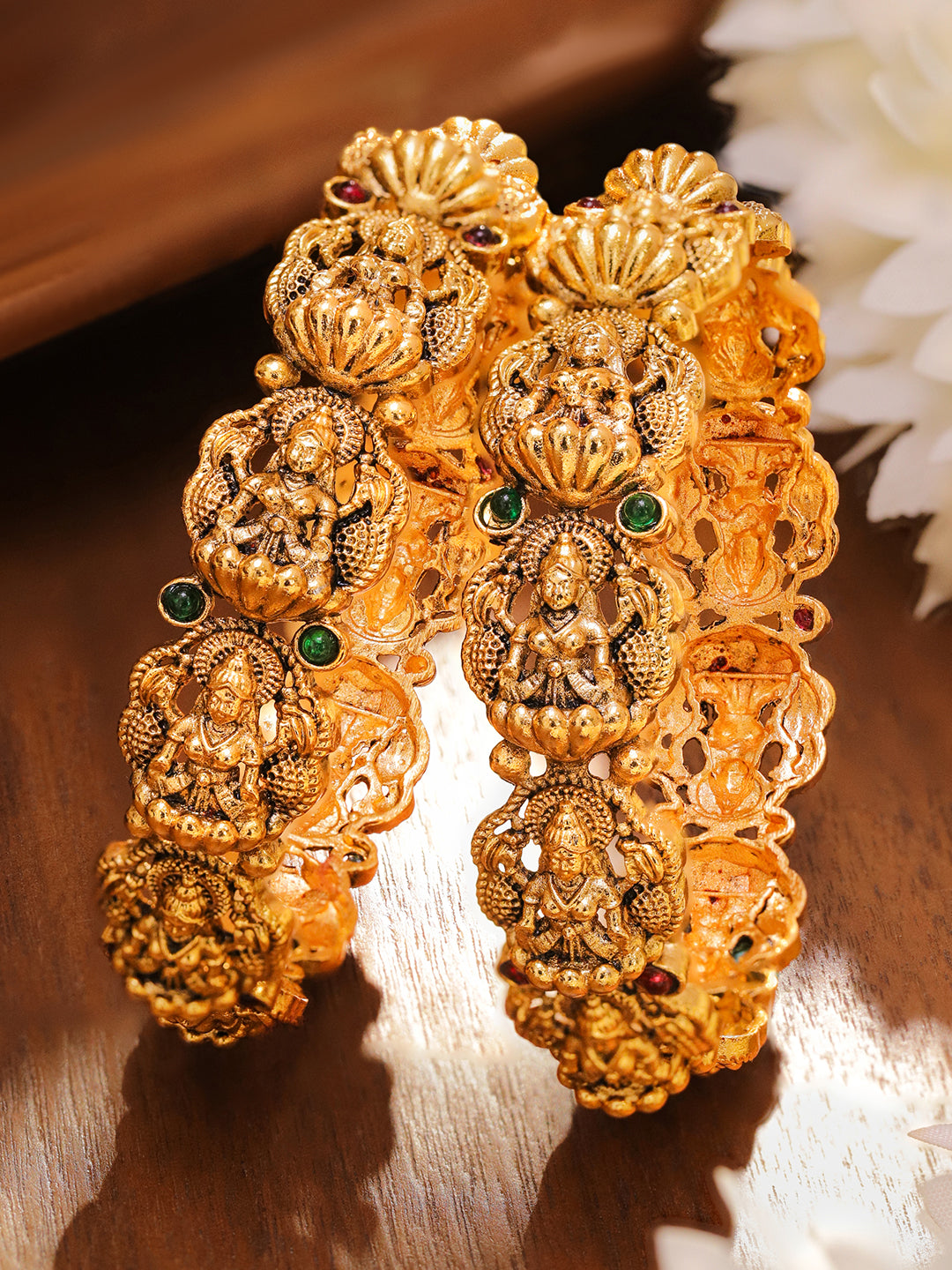 Rubans Set of 2 24K Gold-Plated Divine Lakshmi Temple Bangles with Ruby & Emerald Stones 2.4 - Small