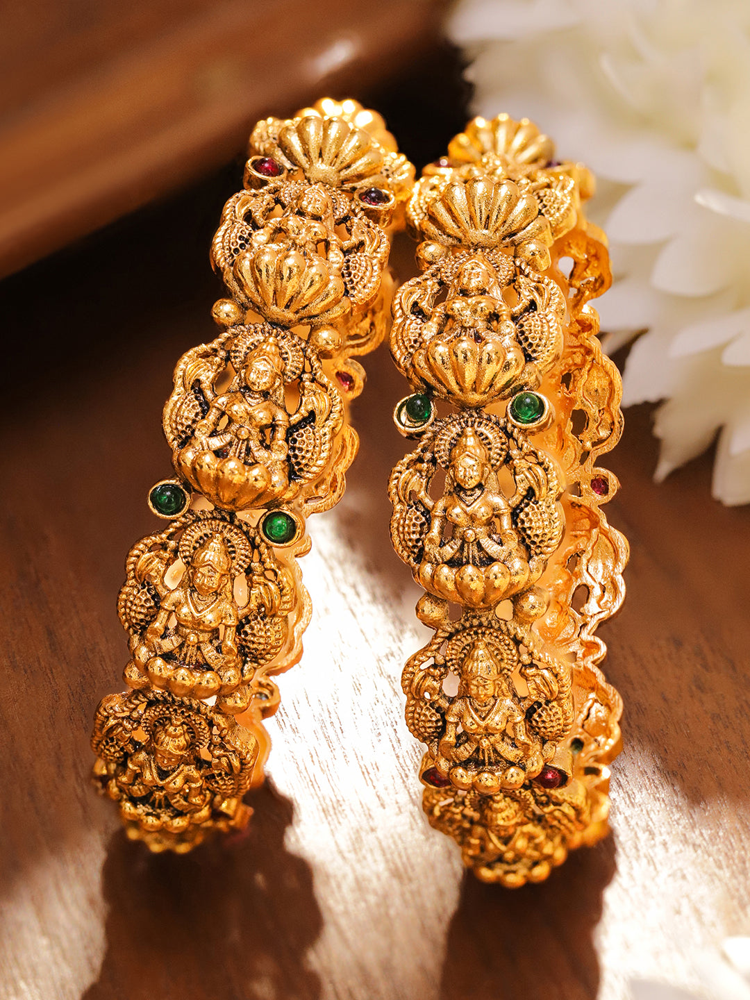 Rubans Set of 2 24K Gold-Plated Divine Lakshmi Temple Bangles with Ruby & Emerald Stones 2.6 - Medium