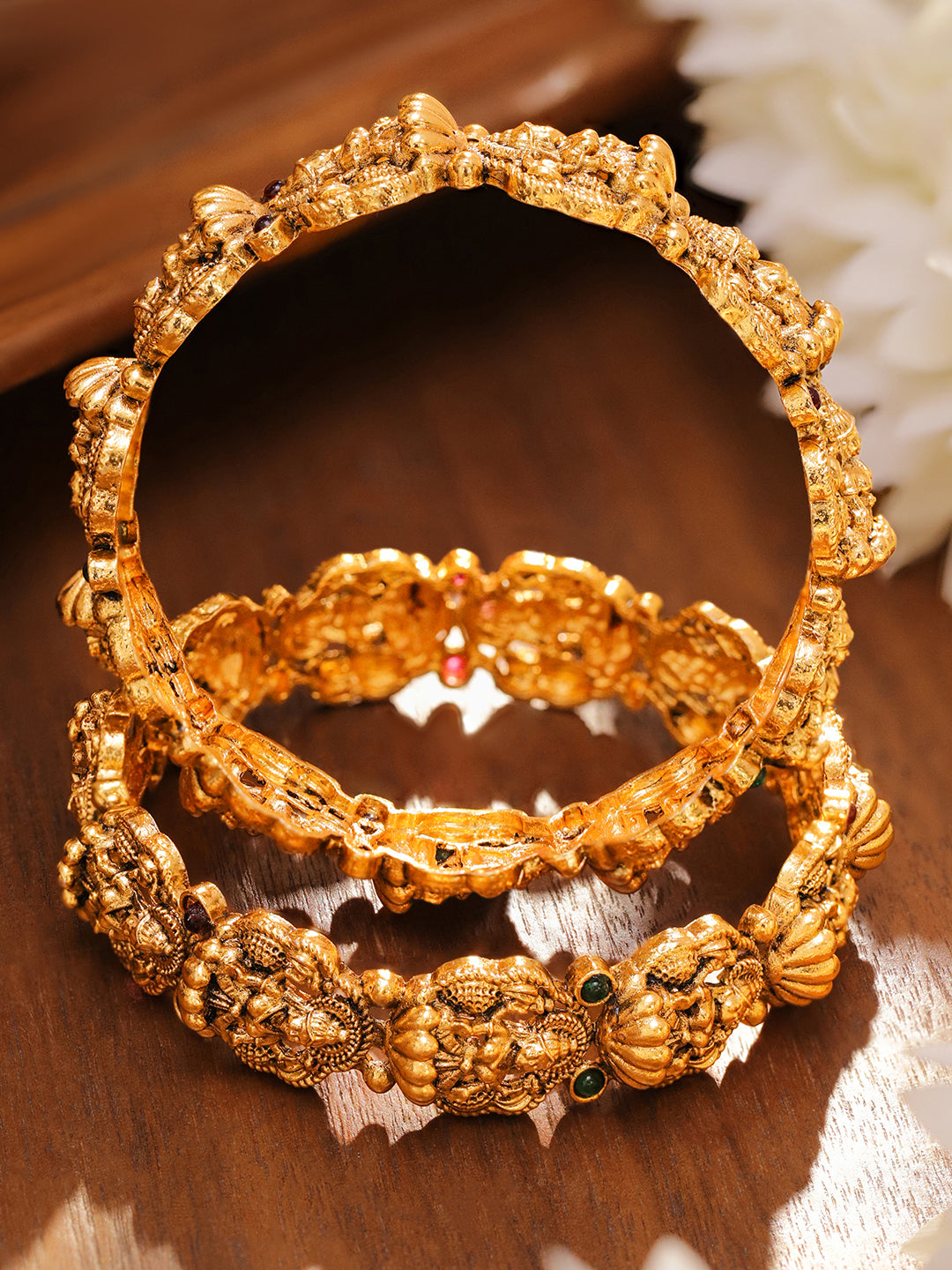 Rubans Set of 2 24K Gold-Plated Divine Lakshmi Temple Bangles with Ruby & Emerald Stones 2.8 - Large