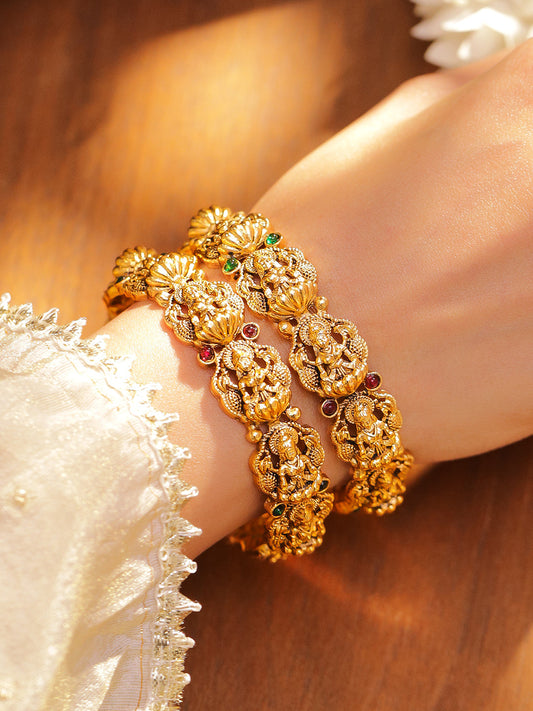 Rubans Set of 2 24K Gold-Plated Divine Lakshmi Temple Bangles with Ruby & Emerald Stones 2.8 - Large