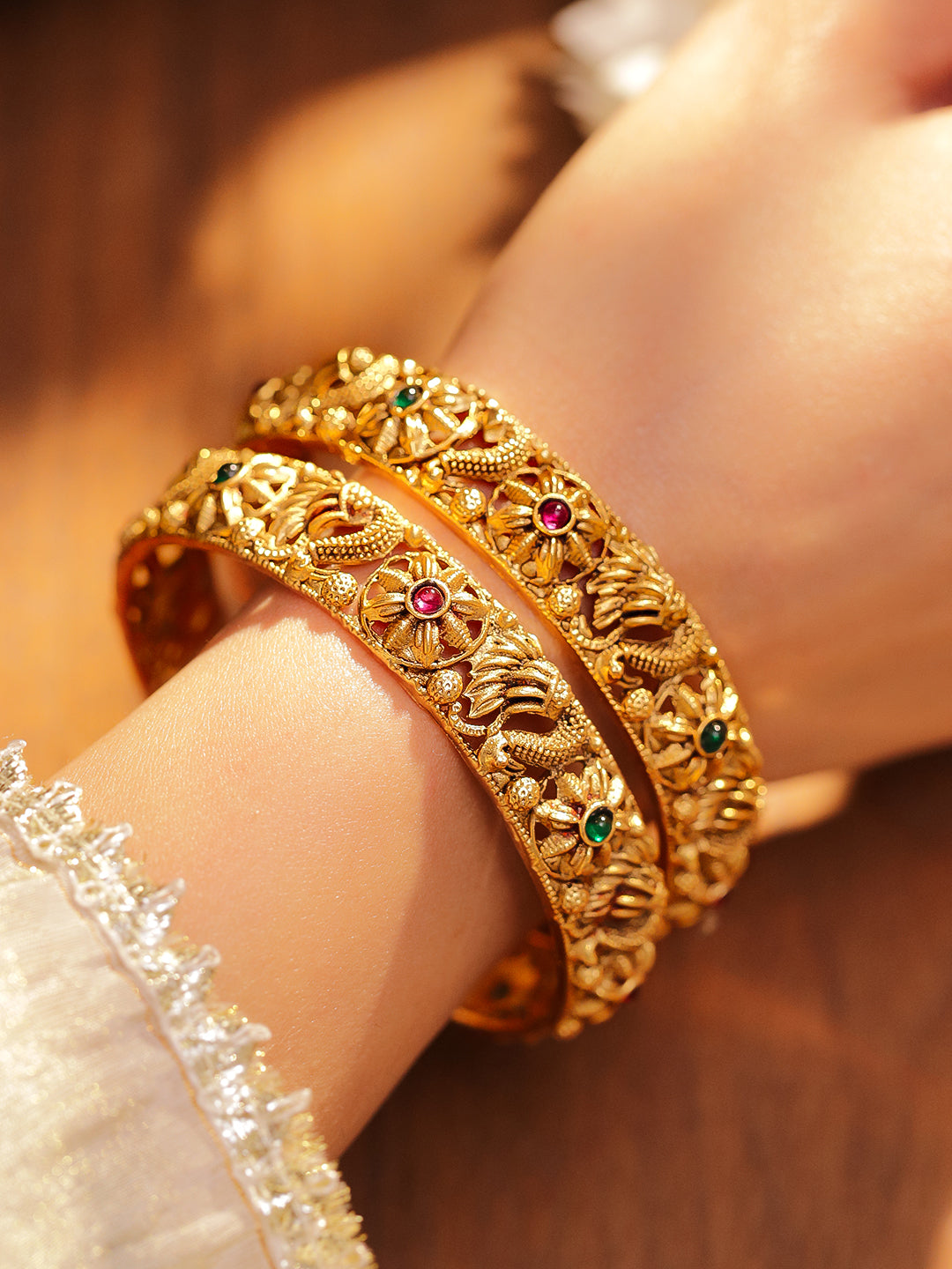 Rubans Set of 2 18K Gold-Plated Emerald Green & Ruby Pink Stone-Studded Floral Peacock Design Bangles 2.4 - Small