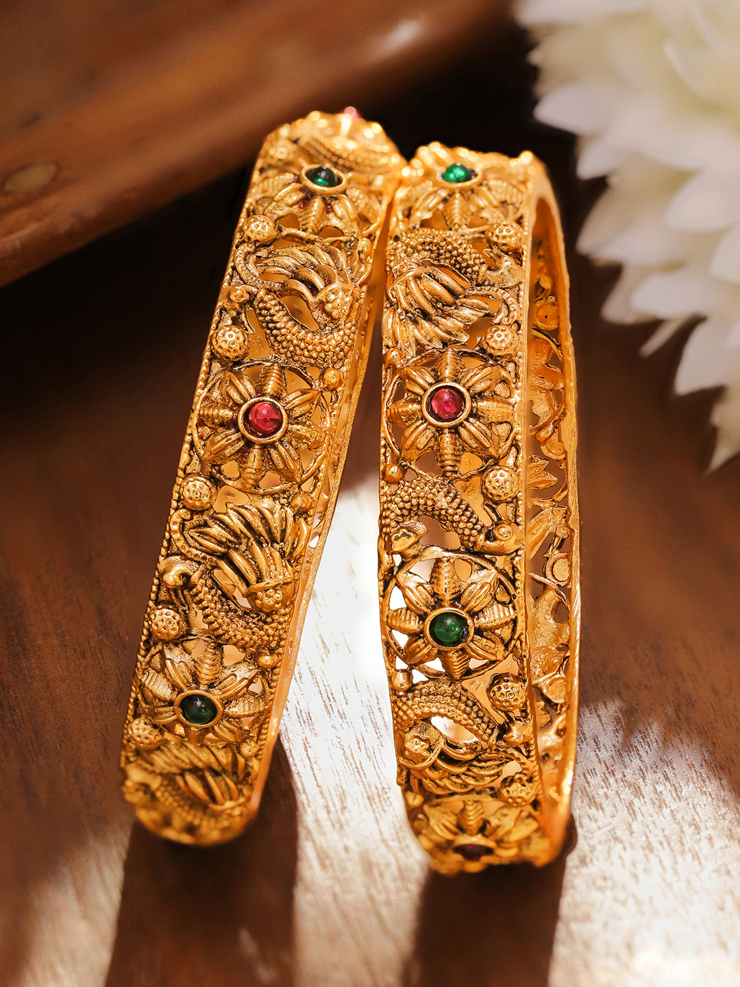 Rubans Set of 2 18K Gold-Plated Emerald Green & Ruby Pink Stone-Studded Floral Peacock Design Bangles 2.8 - Large