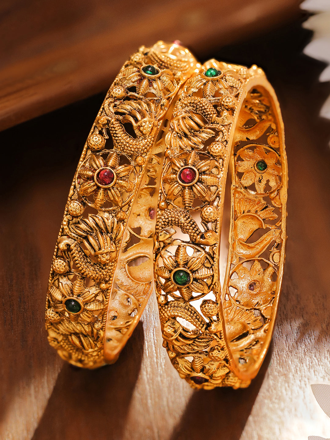 Rubans Set of 2 18K Gold-Plated Emerald Green & Ruby Pink Stone-Studded Floral Peacock Design Bangles 2.4 - Small