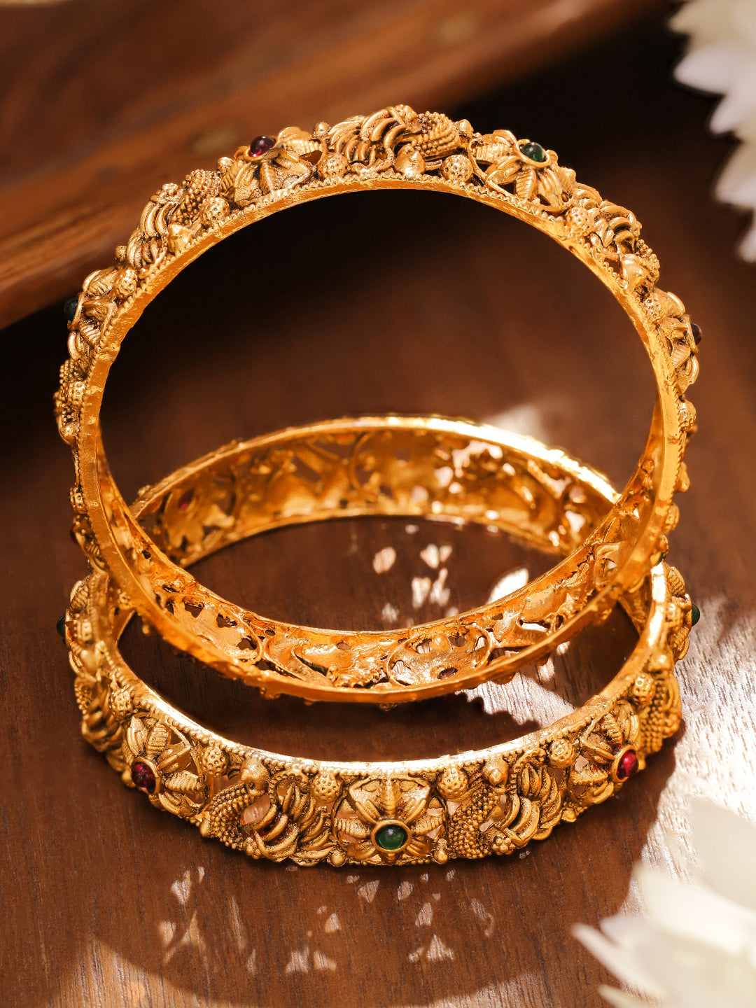 Rubans Set of 2 18K Gold-Plated Emerald Green & Ruby Pink Stone-Studded Floral Peacock Design Bangles 2.4 - Small