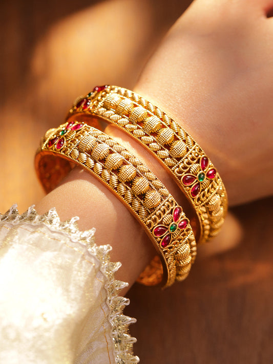 Pair Of Pink & Green Floral Golden Bangles 2.4 - Small