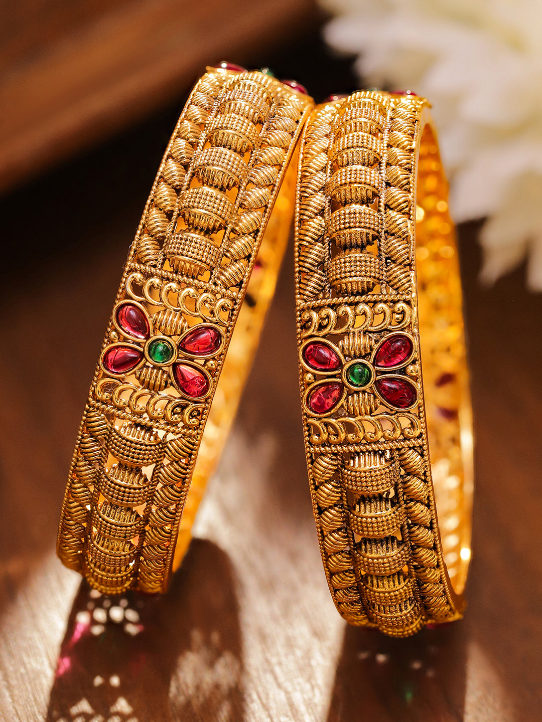 Pair Of Pink & Green Floral Golden Bangles 2.6 - Medium