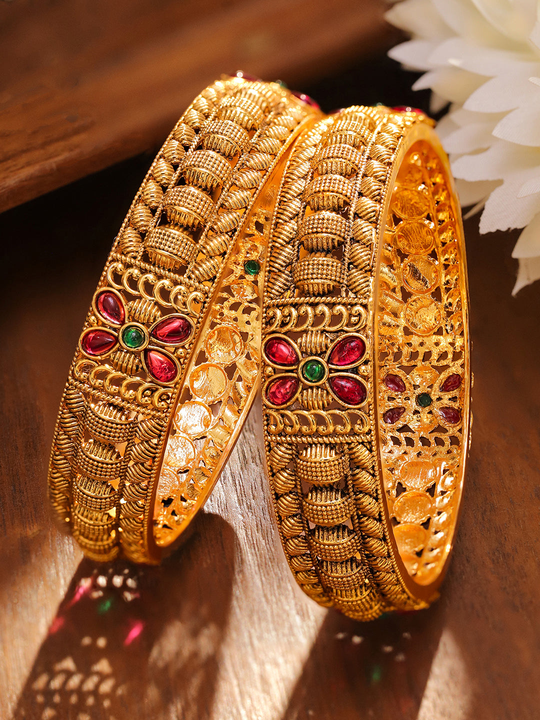Pair Of Pink & Green Floral Golden Bangles 2.4 - Small