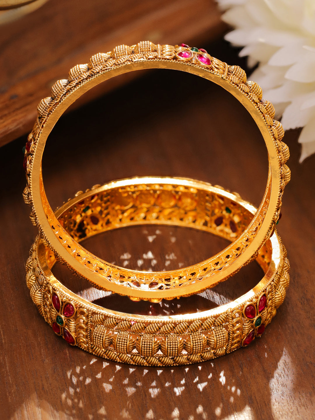 Pair Of Pink & Green Floral Golden Bangles 2.6 - Medium