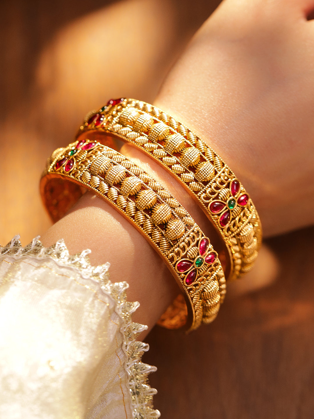 Pair Of Pink & Green Floral Golden Bangles 2.6 - Medium
