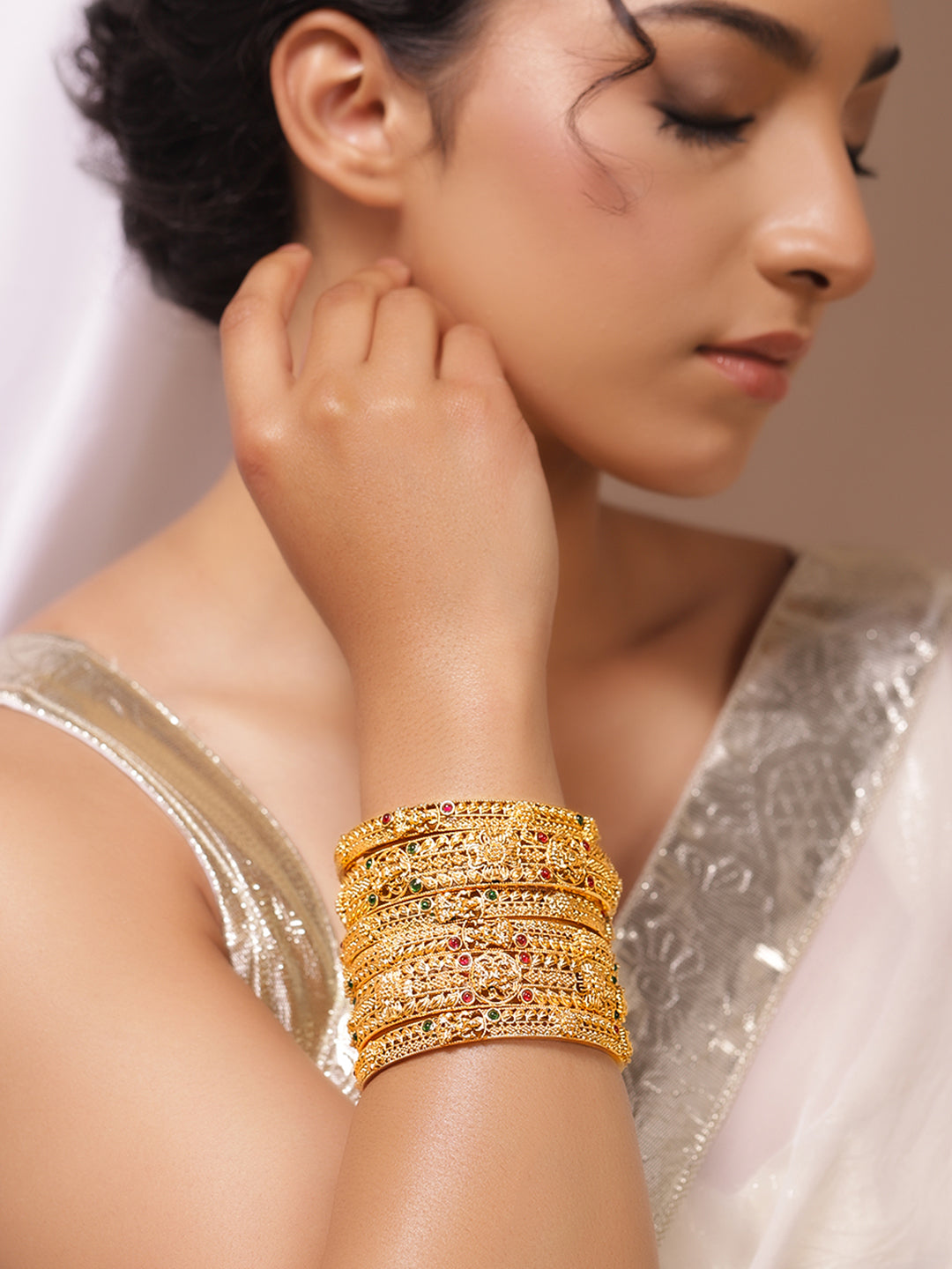 Gold Toned Temple Bangles Set Of 6 2.4 - Small