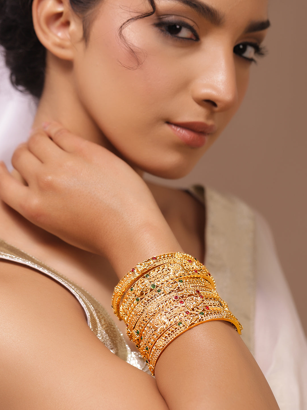 Gold Toned Temple Bangles Set Of 6 2.4 - Small