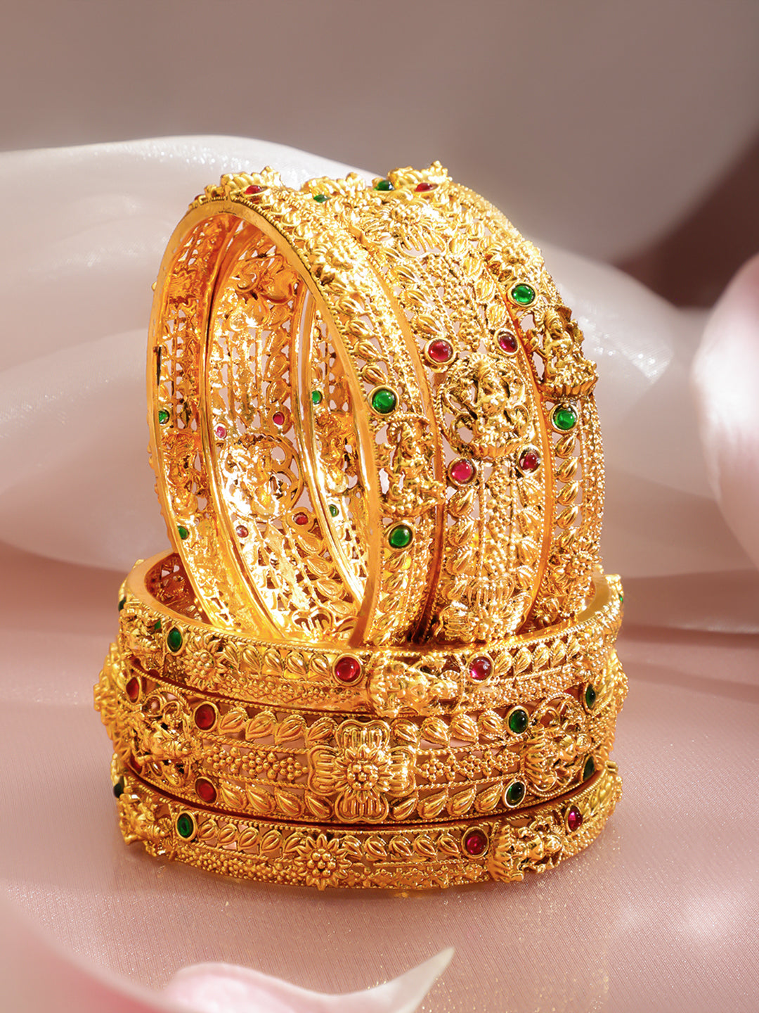 Gold Toned Temple Bangles Set Of 6 2.8 - Large