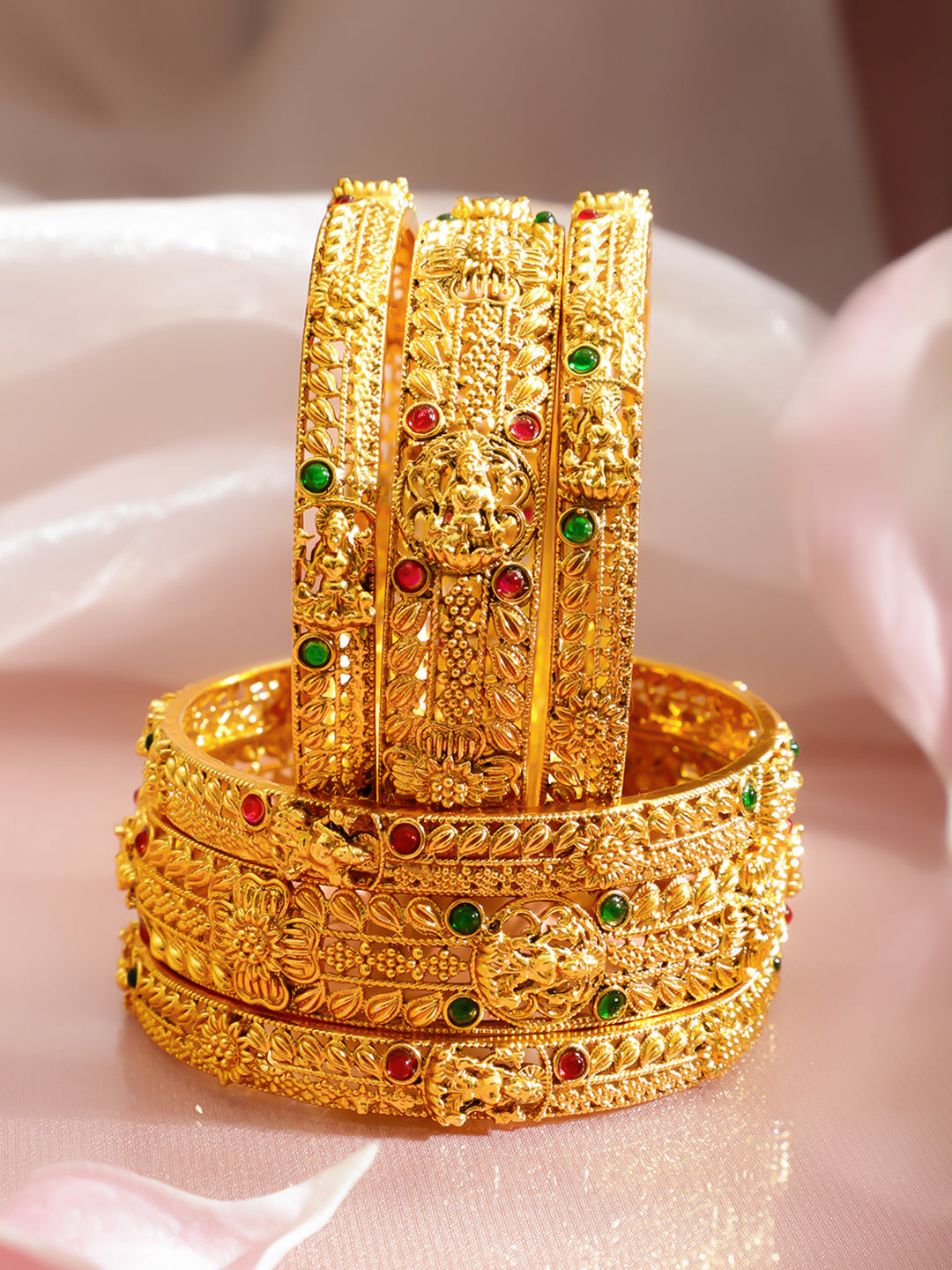 Gold Toned Temple Bangles Set Of 6 2.4 - Small