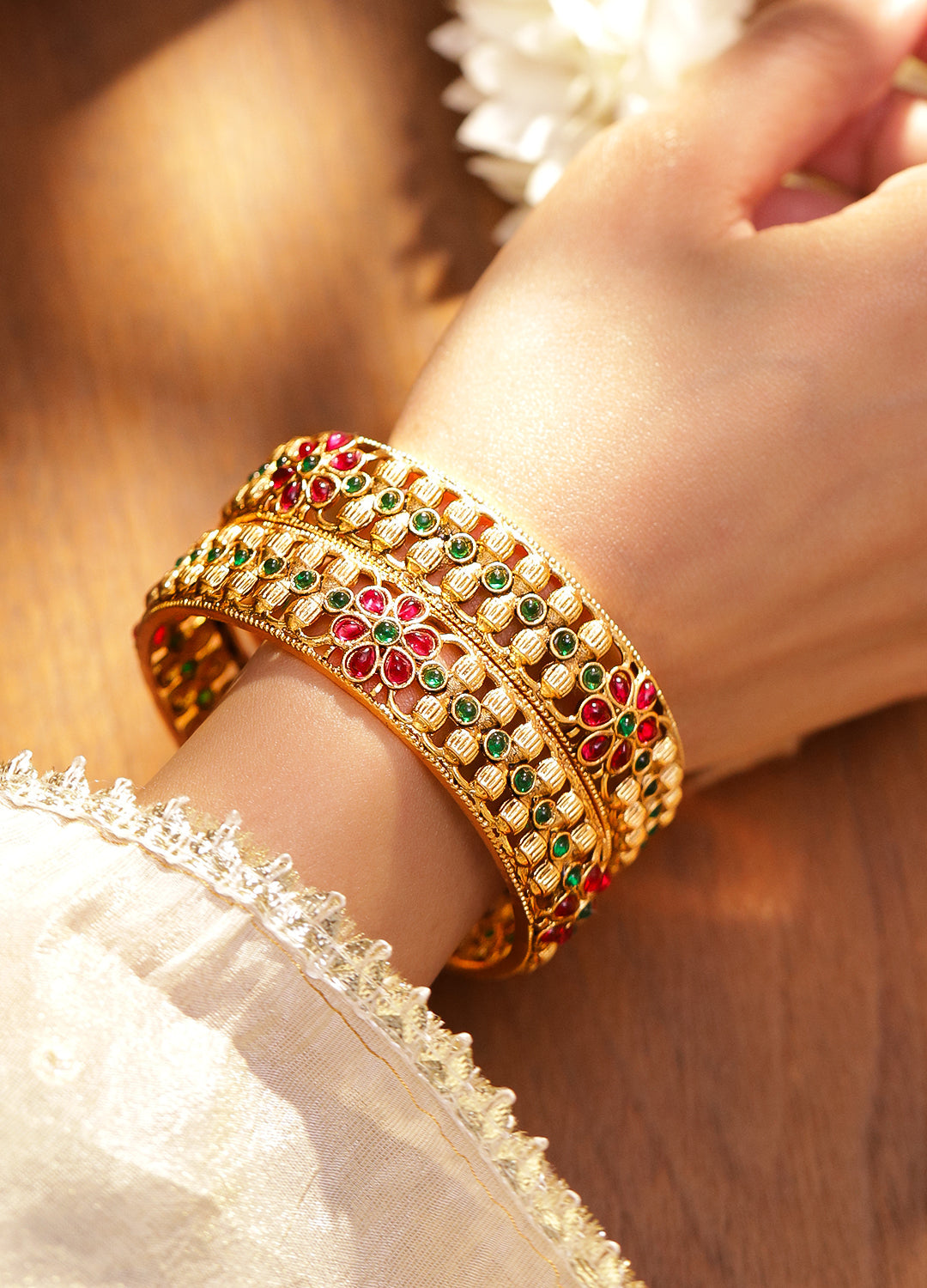Green-Red Florat Gold Plated Bangles 2.4 - Small