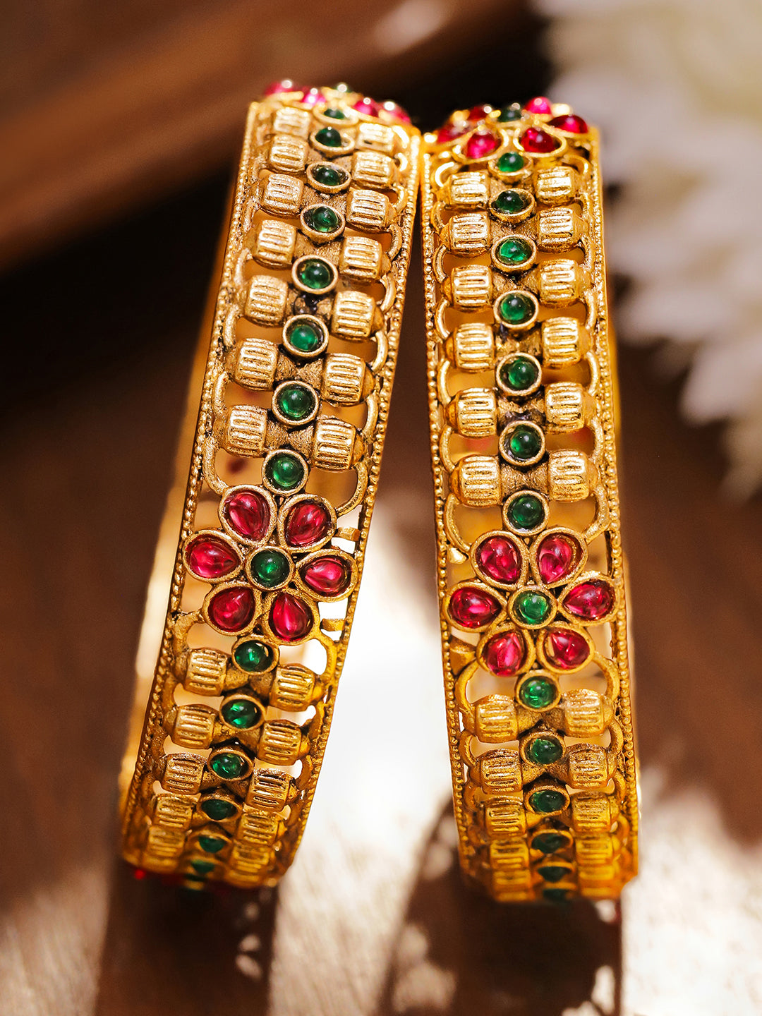 Green-Red Florat Gold Plated Bangles 2.4 - Small