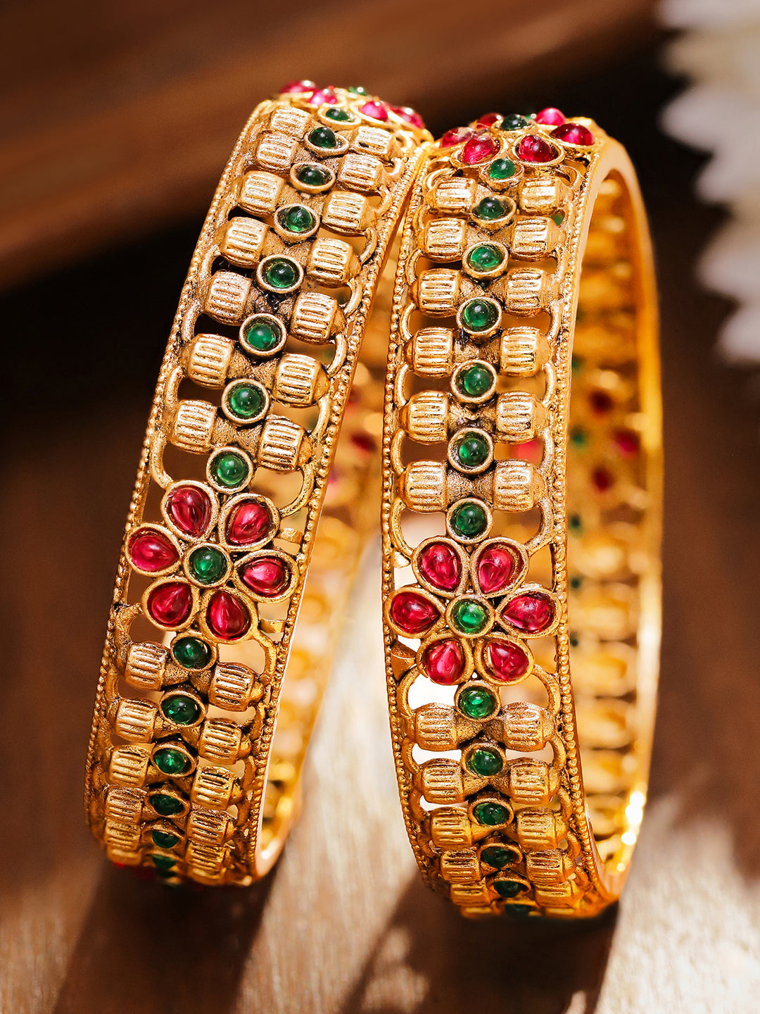 Green-Red Florat Gold Plated Bangles 2.4 - Small