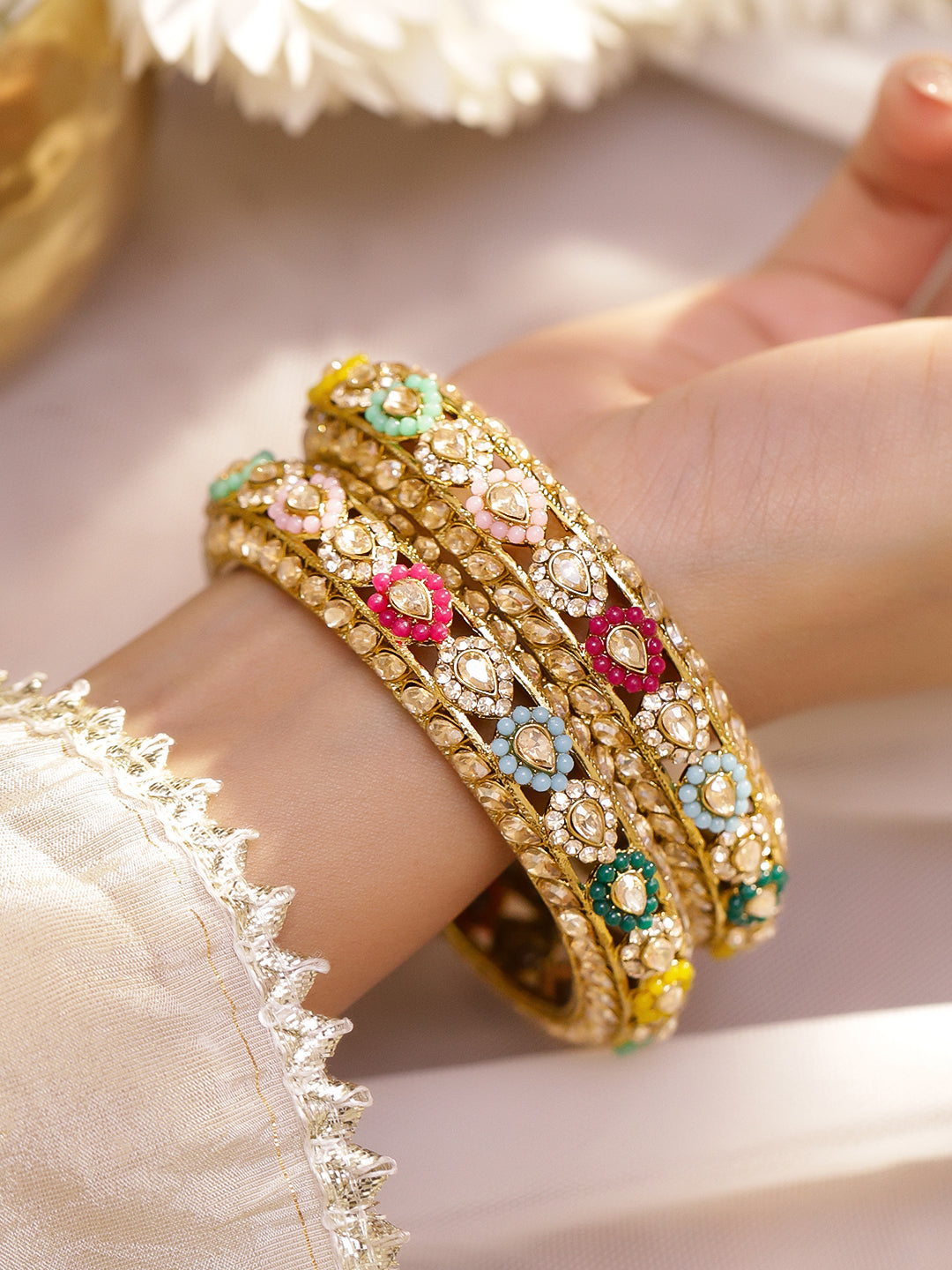 Multicolor Beaded Golden Bangles Set Of 2 2.6 - Medium