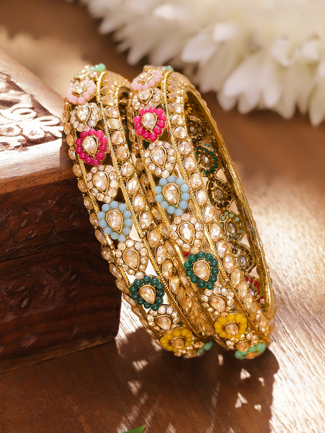 Multicolor Beaded Golden Bangles Set Of 2 2.4 - Small