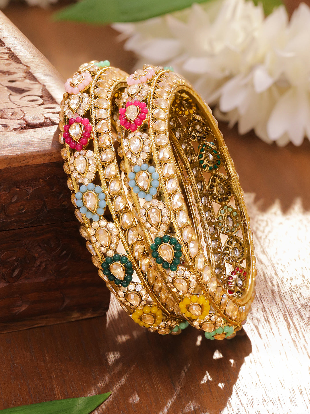 Multicolor Beaded Golden Bangles Set Of 2 2.4 - Small