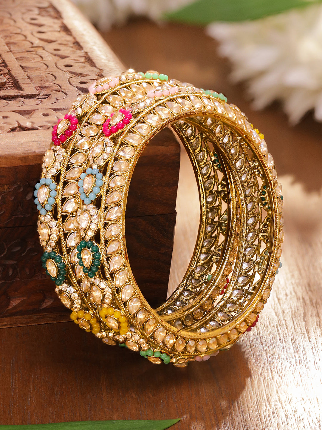 Multicolor Beaded Golden Bangles Set Of 2 2.4 - Small