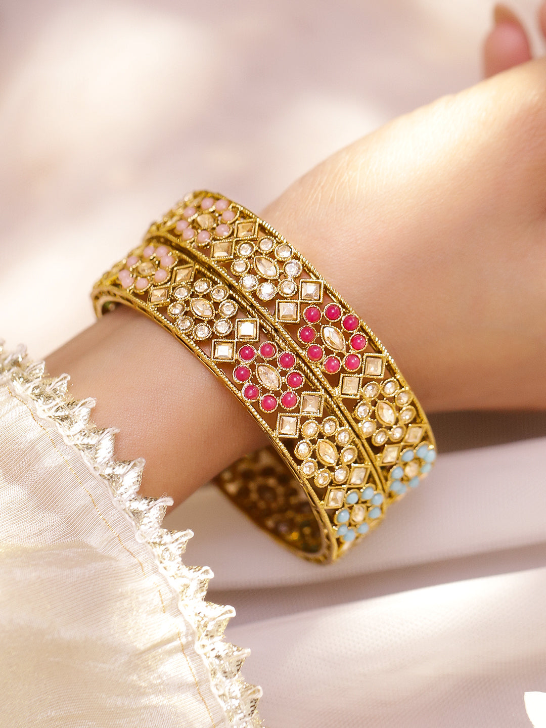 Multicolor Beaded Gold Bangles Set Of 2 2.4 - Small