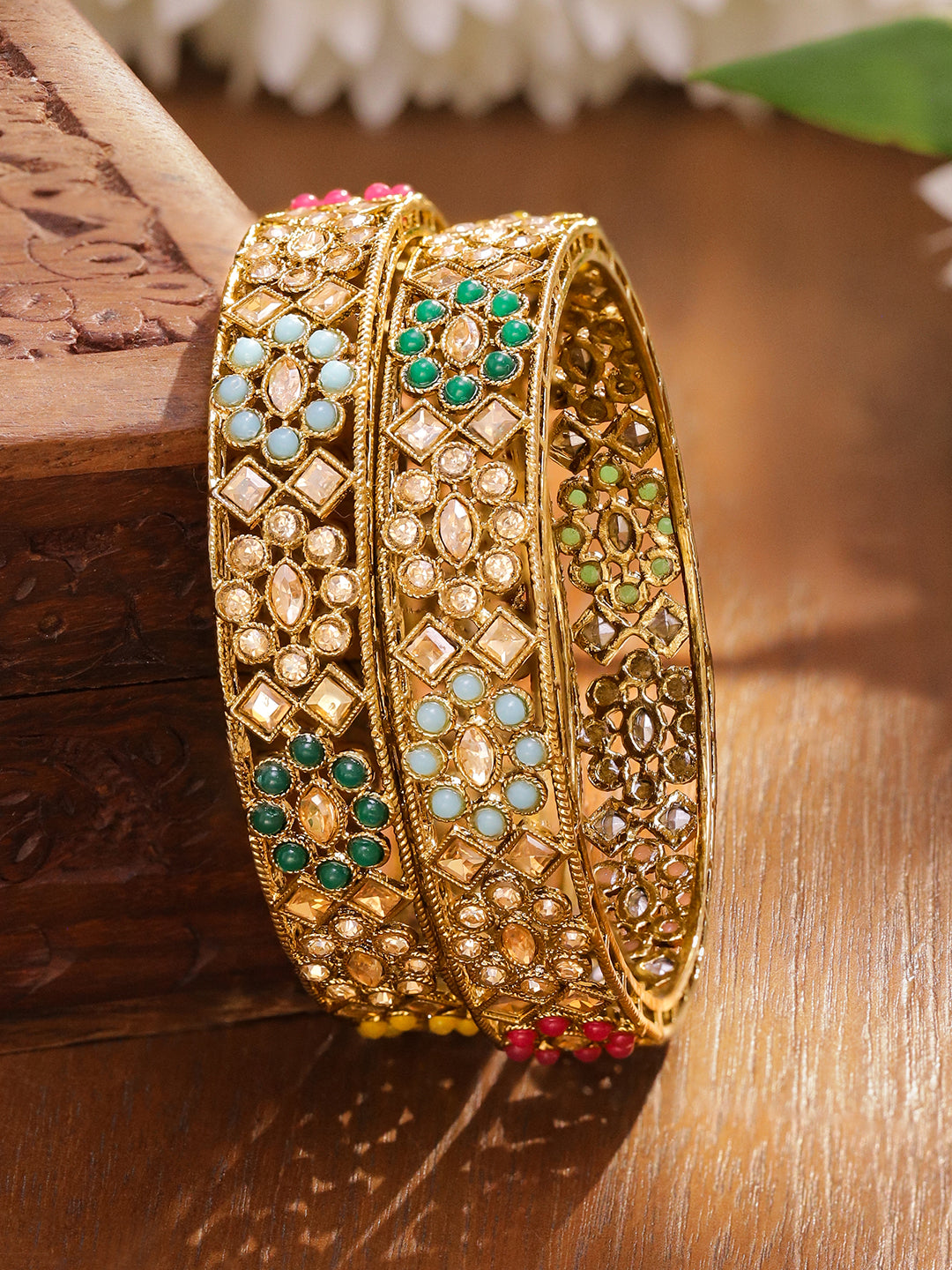 Multicolor Beaded Gold Bangles Set Of 2 2.8 - Large