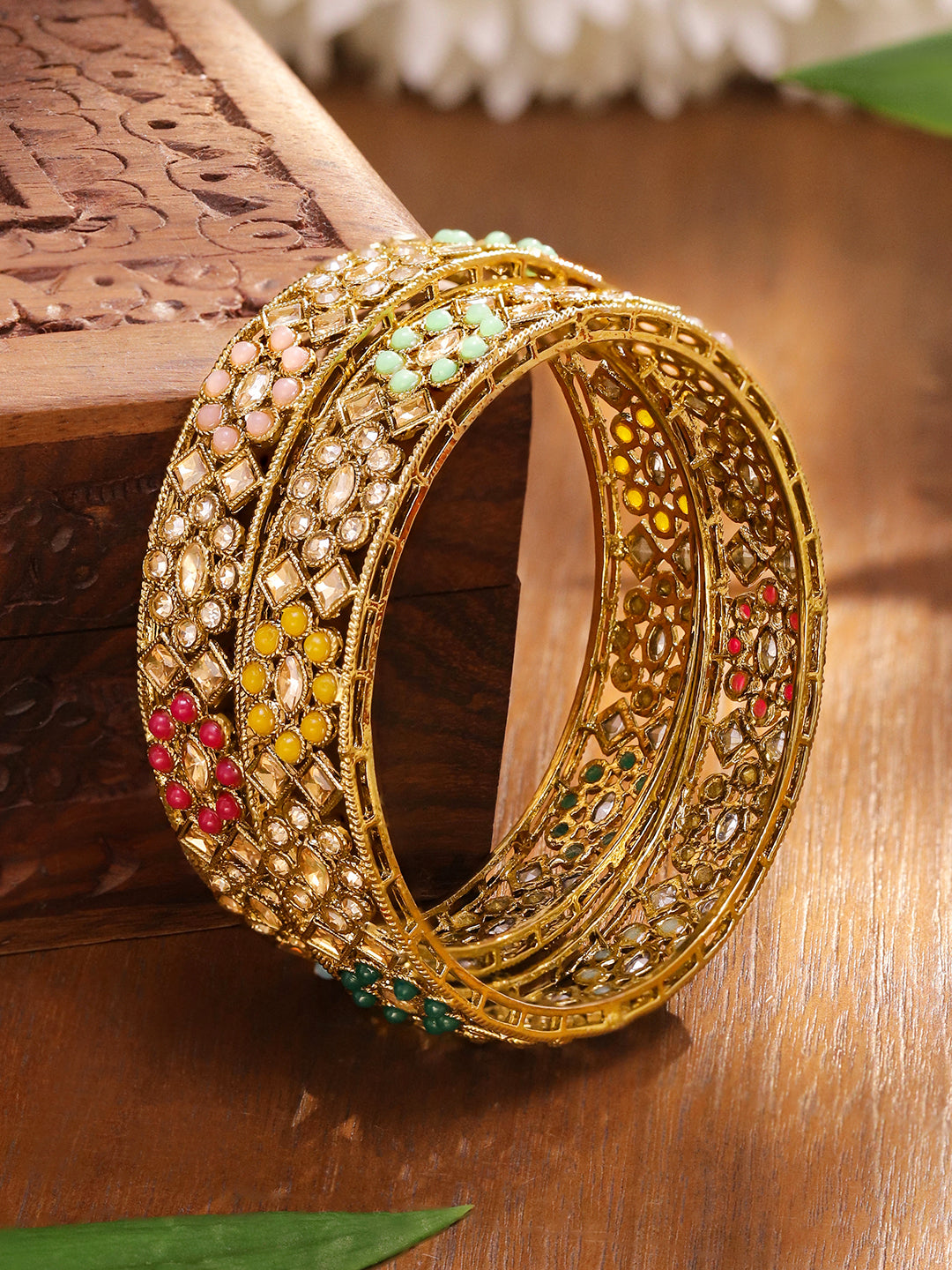 Multicolor Beaded Gold Bangles Set Of 2 2.4 - Small