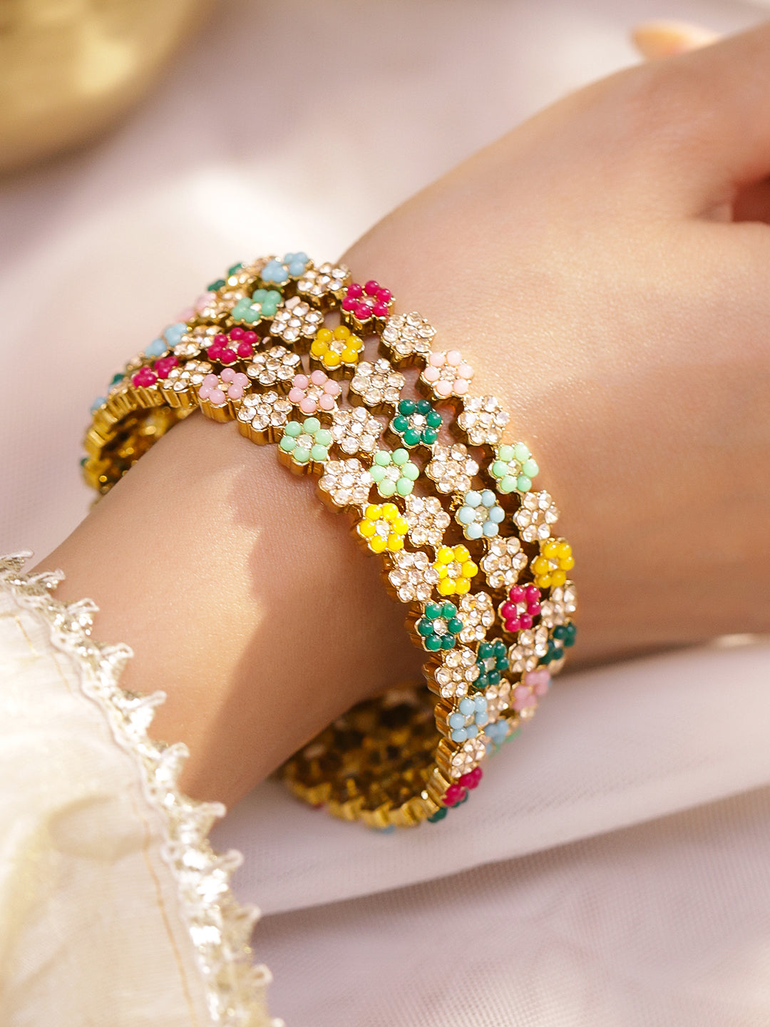 Multicolor Floral Beaded Gold Bangles Set Of 4 2.4 - Small
