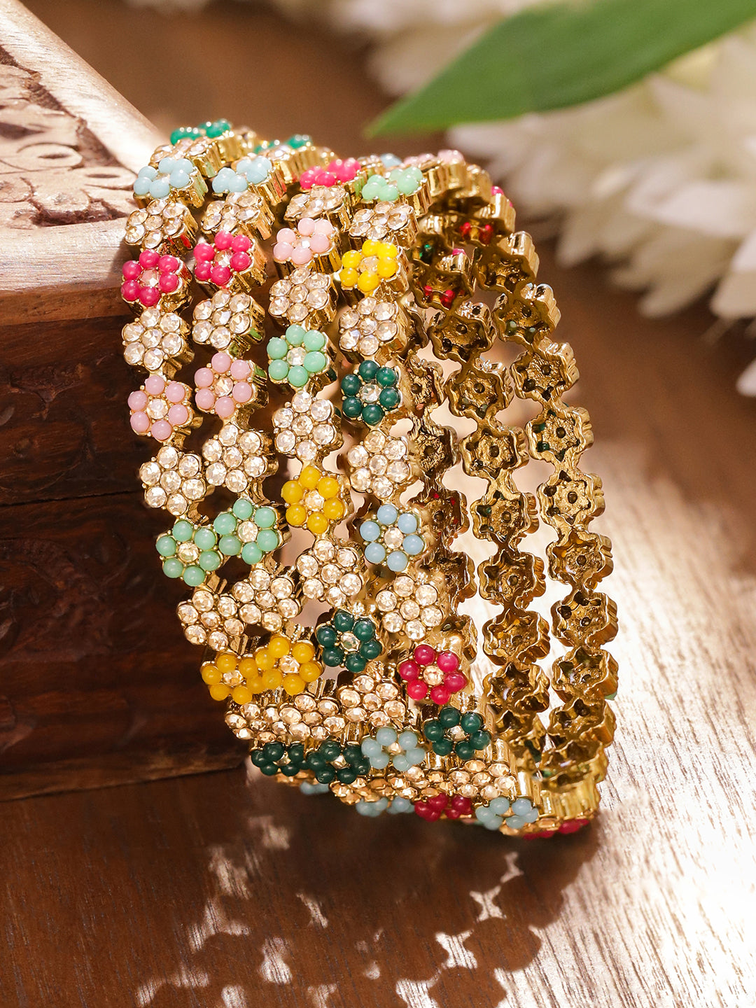 Multicolor Floral Beaded Gold Bangles Set Of 4 2.4 - Small