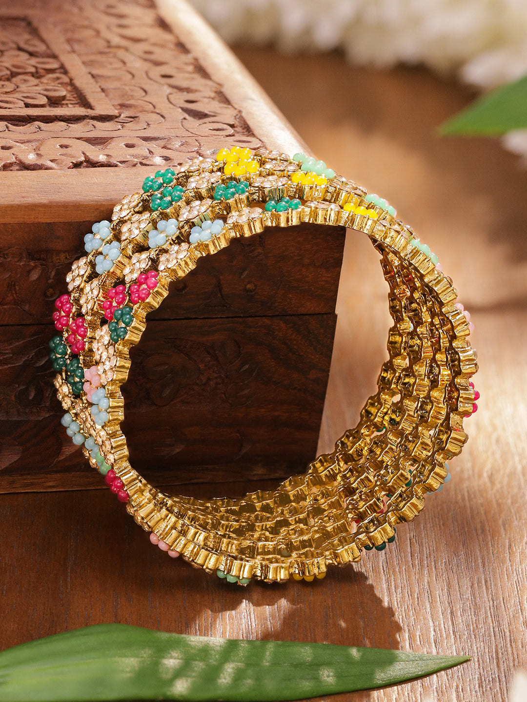 Multicolor Floral Beaded Gold Bangles Set Of 4 2.4 - Small
