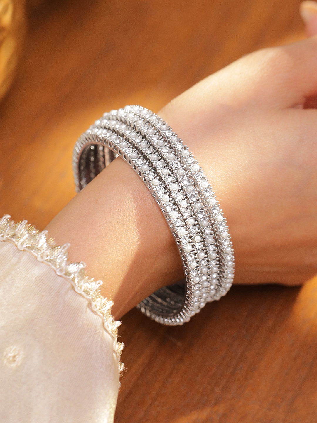 American Diamond  Zirconia White Bangles Set Of 4 2.4 - Small